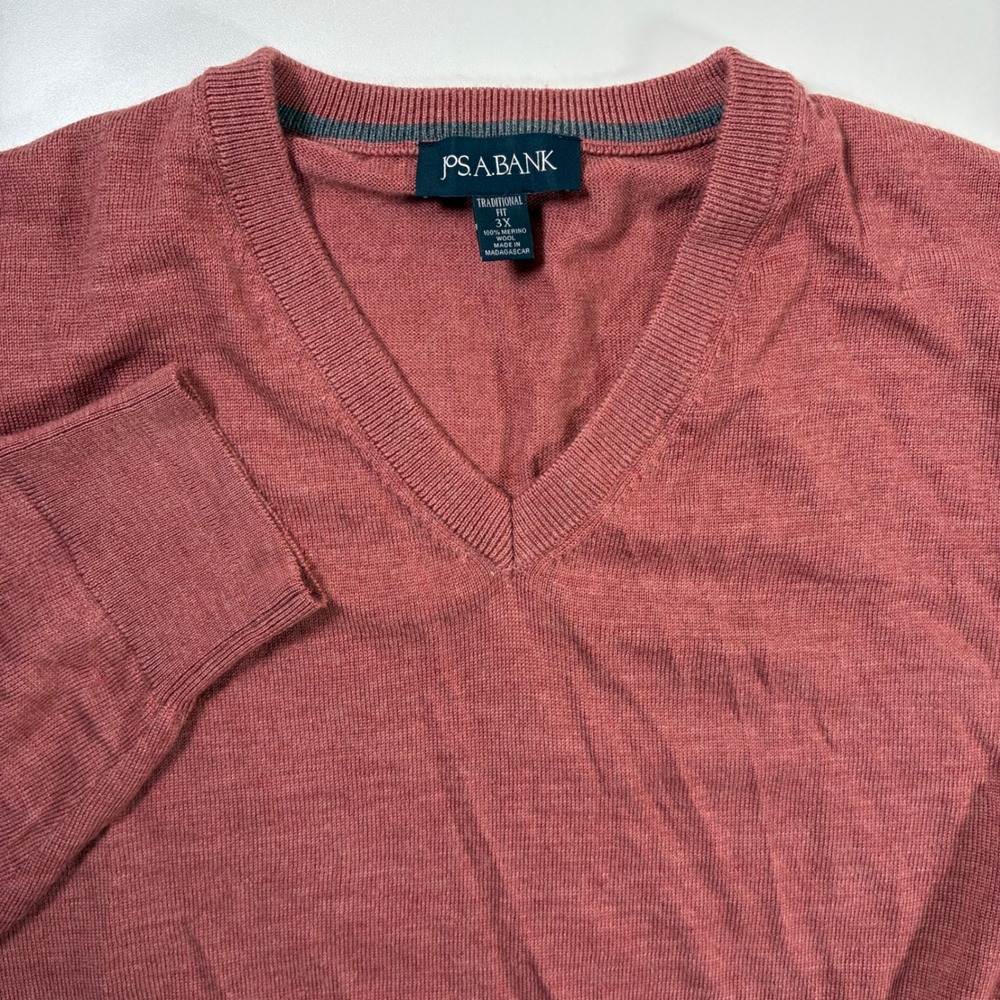 Jos.‎ A. Bank 100% Merino Wool Sweater 3XL Coral Pink V-Neck Traditional Fit